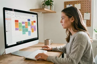 Femme utilisant Google Agenda sur ordinateur pour organiser son planning avec des événements colorés