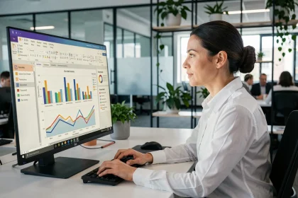 Femme professionnelle intégrant des graphiques dynamiques dans un tableau PowerPoint sur un grand écran dans un bureau moderne