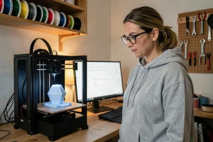 Femme utilisant une imprimante 3D de bureau à domicile en 2024, entourée de bobines de filament colorées dans un bureau personnel