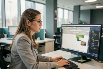 Femme professionnelle travaillant sur des macros Excel dans un bureau moderne avec code VBA affiché à l'écran