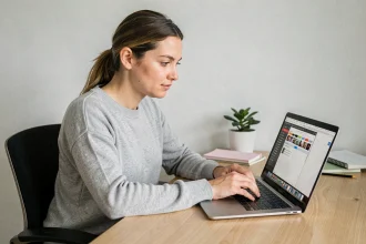 Femme personnalisant la barre d'outils de son ordinateur portable dans un bureau à domicile minimaliste