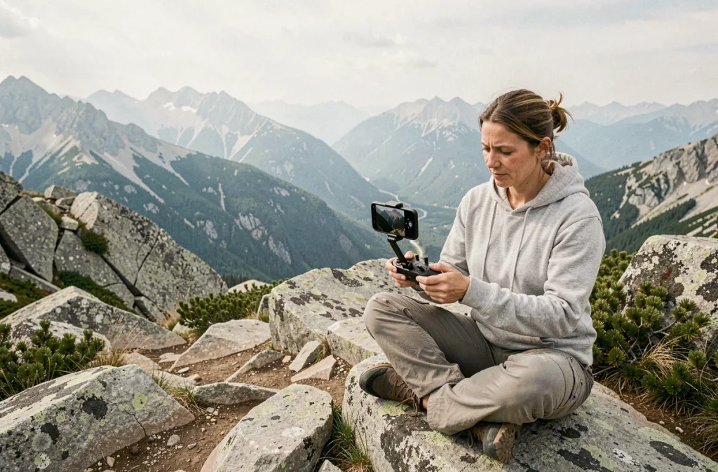 Femme pilotant un drone avec une télécommande depuis un sommet montagneux avec vue panoramique