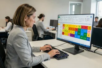 Femme professionnelle travaillant sur Excel avec des références absolues et des formules visibles à l'écran dans un bureau moderne