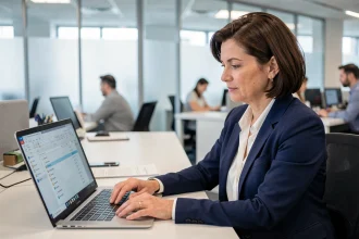 Femme professionnelle gérant ses emails entrants dans Outlook sur un ordinateur portable en open space