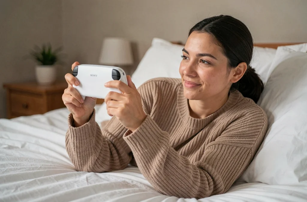 Femme jouant sur le PS Portal allongée dans sa chambre lors d'une session de cloud gaming confortable