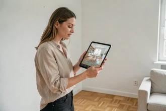Femme utilisant une tablette avec réalité augmentée pour visualiser des meubles dans un salon minimaliste scandinave
