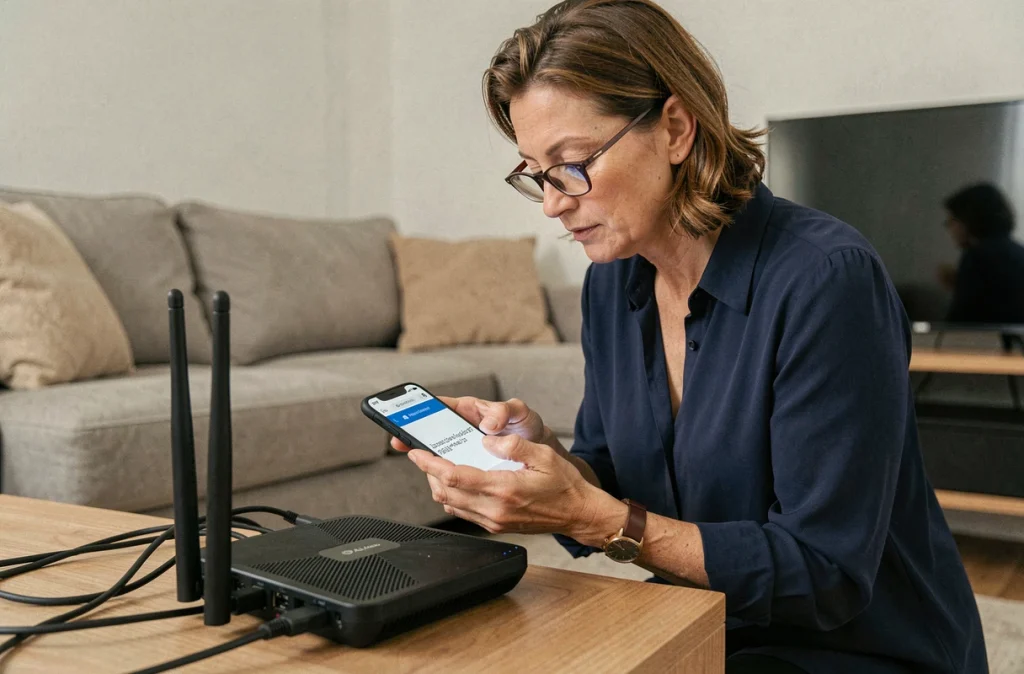 Femme examinant un routeur wifi à domicile en tenant un smartphone affichant une erreur d'adresse IP
