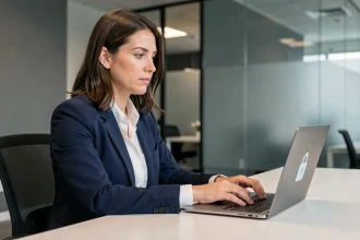 Femme en blazer marine sécurisant ses fichiers sensibles sur un ordinateur portable en open space professionnel