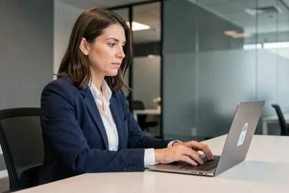 Femme en blazer marine sécurisant ses fichiers sensibles sur un ordinateur portable en open space professionnel