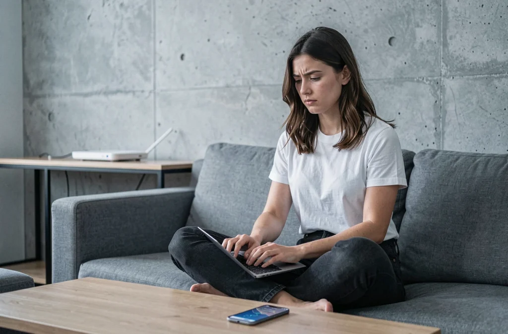 Jeune femme gérant la sécurité de son réseau wifi depuis son canapé
