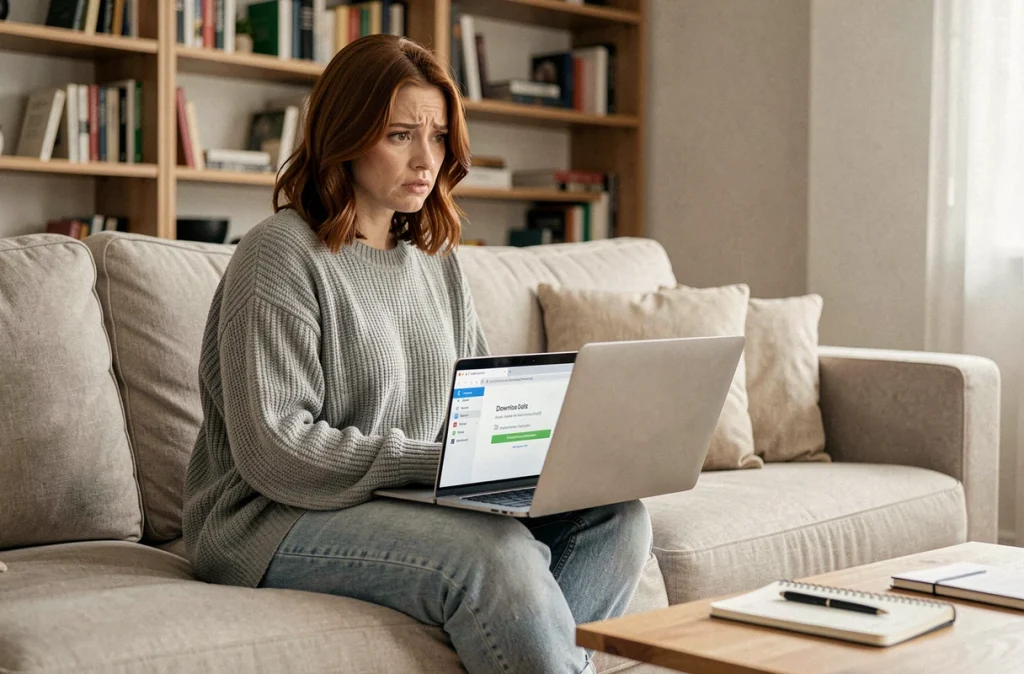 Femme téléchargeant un fichier ISO sur son ordinateur portable depuis son salon