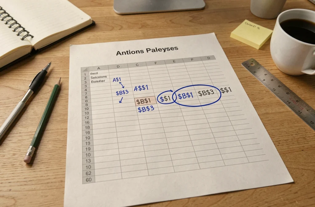 Feuille Excel imprimée avec des annotations manuscrites sur les références absolues et mixtes posée sur un bureau en bois avec des accessoires de bureau