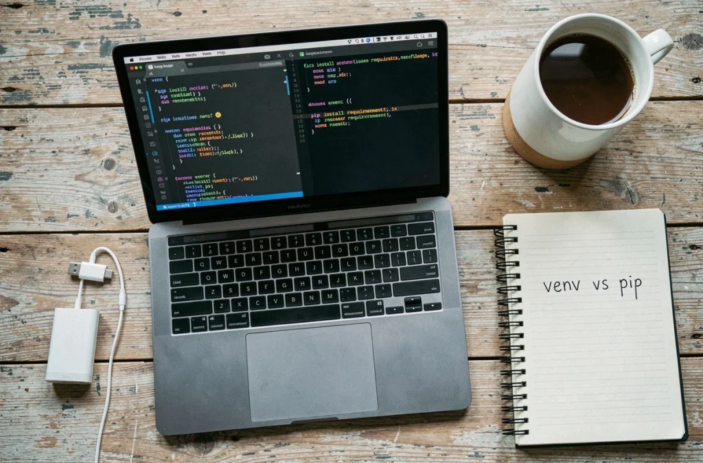 Flat-lay d'un ordinateur portable affichant un terminal Python avec environnement virtuel et commandes pip
