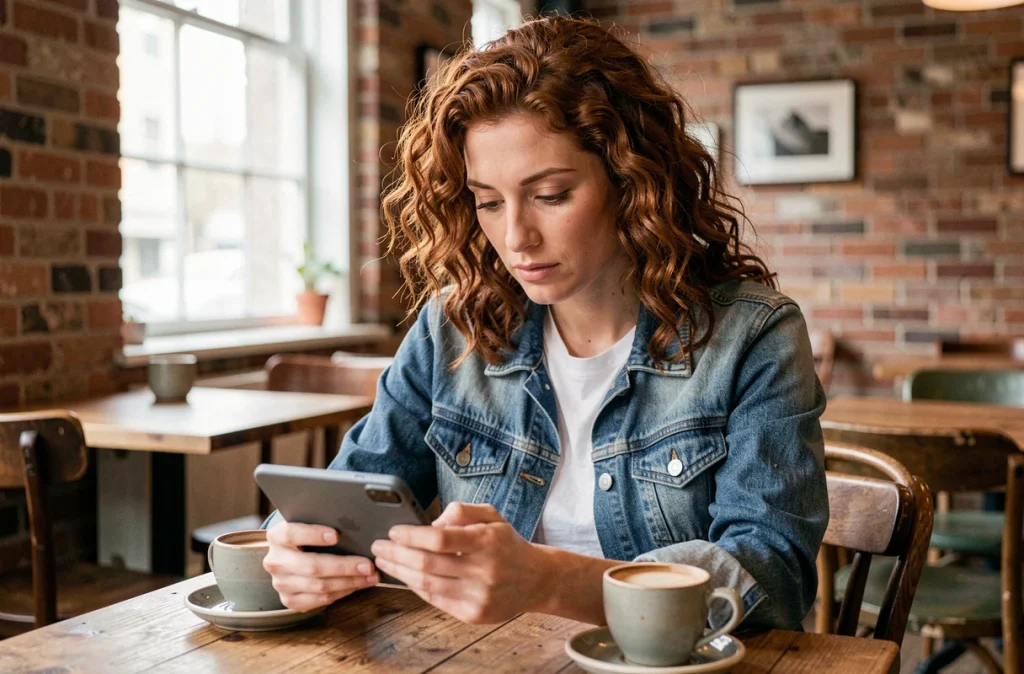 Femme consultant les photos prises avec un Google Pixel 6 dans un café, évaluation des capacités photo du smartphone en intérieur