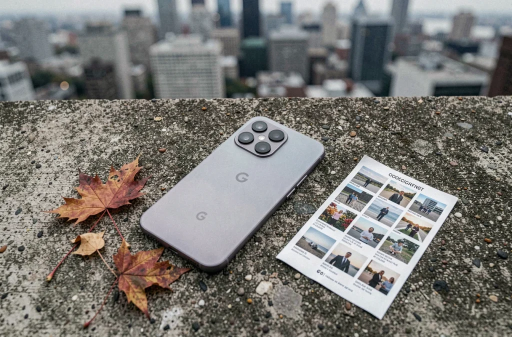 Google Pixel 6 posé sur du béton avec des feuilles d'automne et des tirages photo, mise en scène éditoriale du test appareil photo