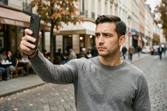 Homme utilisant un Google Pixel 6 pour photographier une rue urbaine en automne, test photo smartphone en conditions réelles