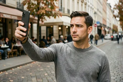Homme utilisant un Google Pixel 6 pour photographier une rue urbaine en automne, test photo smartphone en conditions réelles
