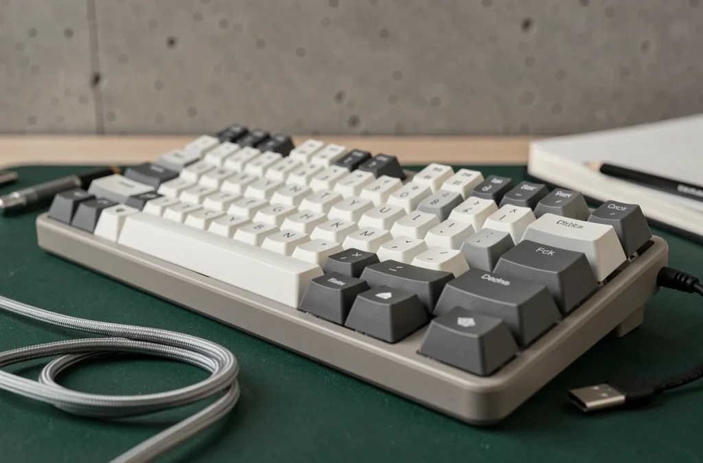 Gros plan d'un clavier mécanique tenkeyless avec keycaps PBT sur un tapis de bureau vert foncé