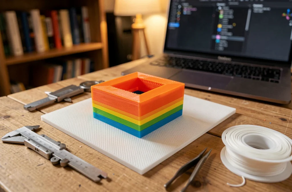 Gros plan d'une pièce en cours d'impression 3D sur un plateau PEI avec outils de maker posés sur une table en bois dans un espace de fabrication à domicile