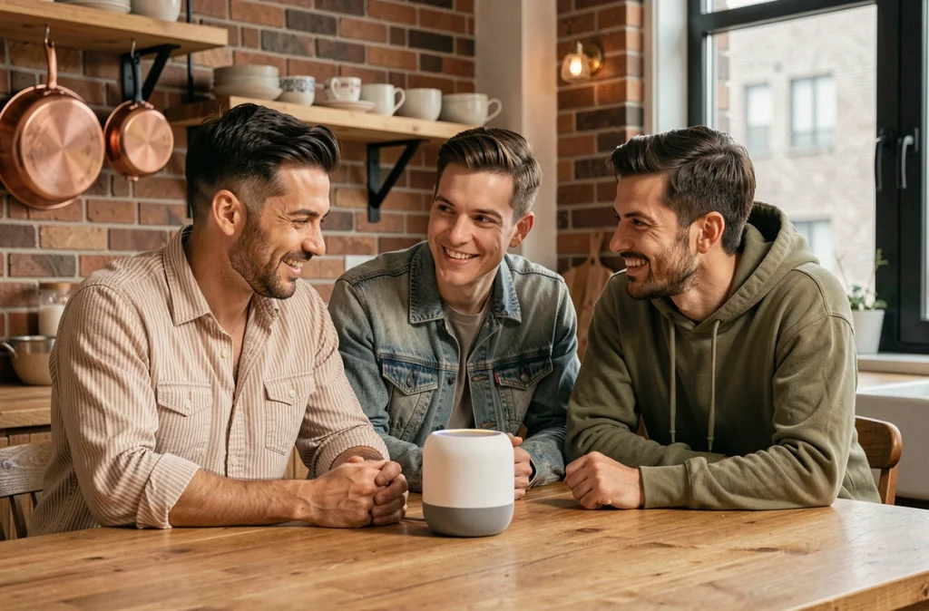 Groupe d'amis découvrant l'audio spatial via une enceinte connectée dans une cuisine moderne aux matériaux chaleureux