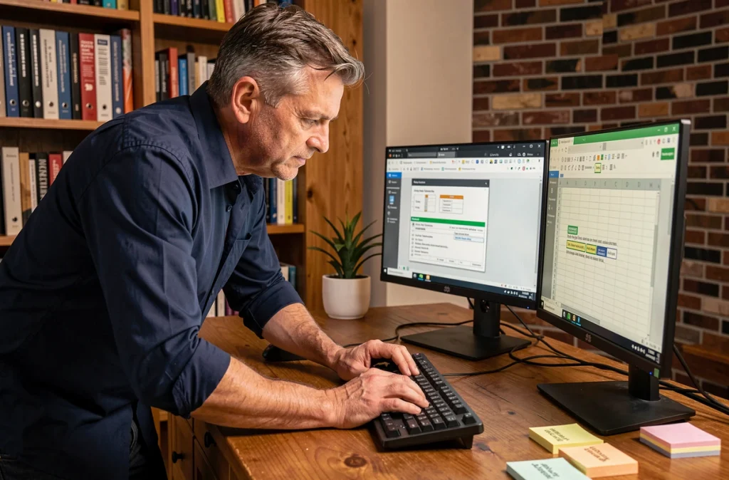 Homme travaillant sur l'automatisation de tâches répétitives avec des macros Excel dans un bureau à domicile