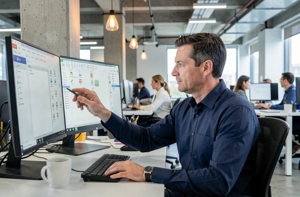 Homme réorganisant les icônes de sa barre d'outils sur un double écran dans un bureau en open space moderne