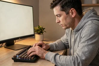Homme tapant sur un clavier mécanique à switches bruns dans un bureau à domicile moderne