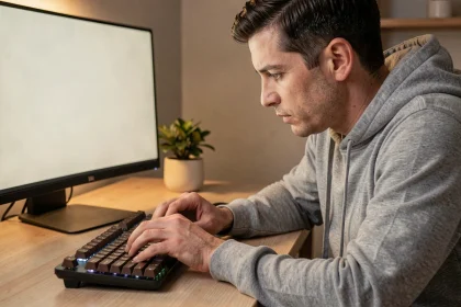 Homme tapant sur un clavier mécanique à switches bruns dans un bureau à domicile moderne