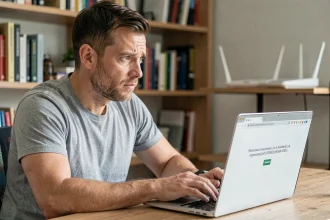 Homme confus regardant une erreur d'adresse IP dans son navigateur web sur un ordinateur portable à la maison