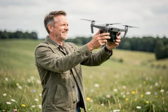 Homme tenant un drone de loisir dans une prairie verdoyante prêt à le faire décoller