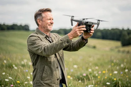 Homme tenant un drone de loisir dans une prairie verdoyante prêt à le faire décoller