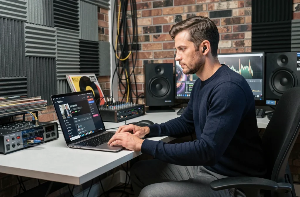 Homme utilisant des écouteurs sans fil pour écouter du streaming musical en audio spatial dans un home studio moderne