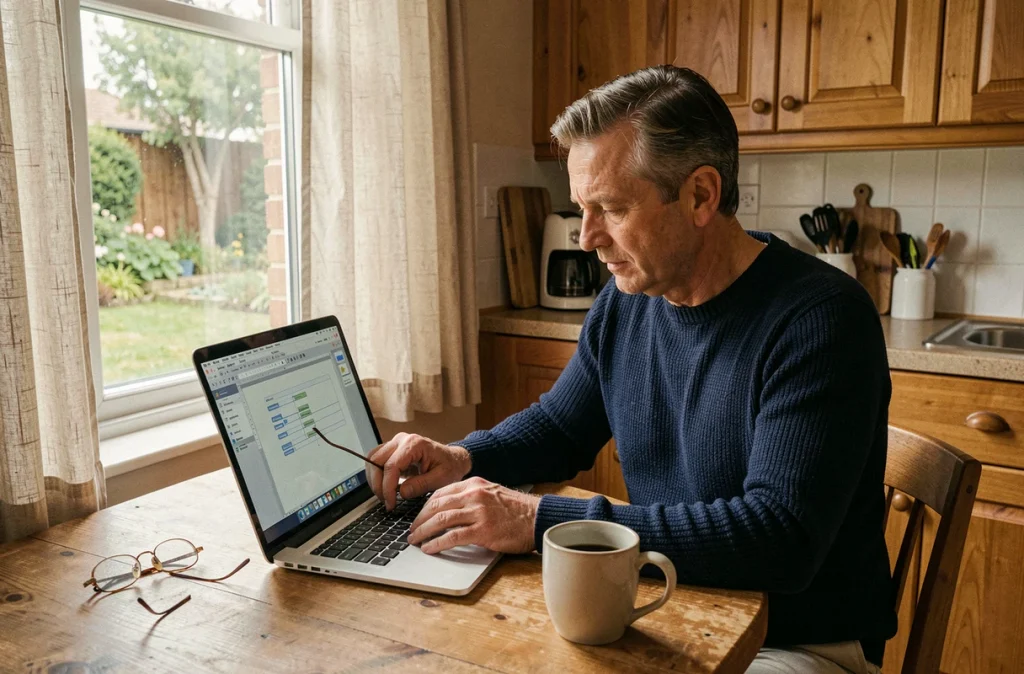 Homme travaillant sur un formulaire Word interactif depuis son bureau à domicile avec un ordinateur portable