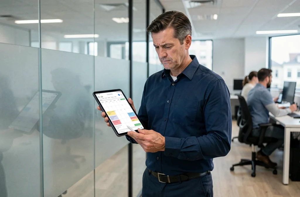 Homme consultant Google Agenda sur tablette dans un bureau en open space pour planifier ses réunions