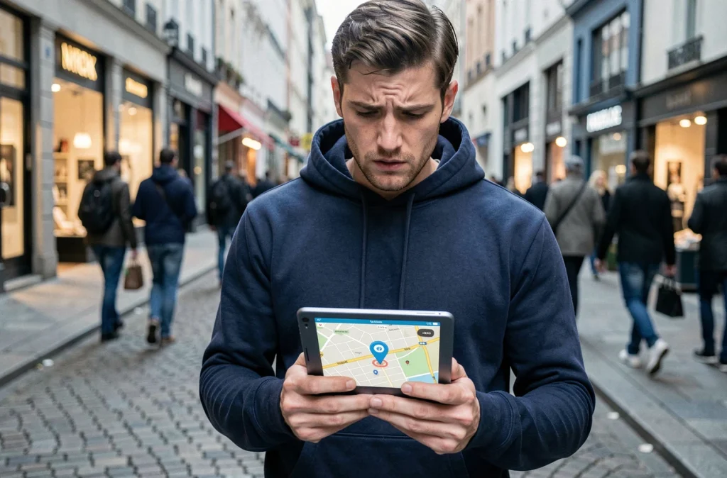 Homme consultant l'application Localiser sur iPad dans la rue après avoir perdu son iPhone