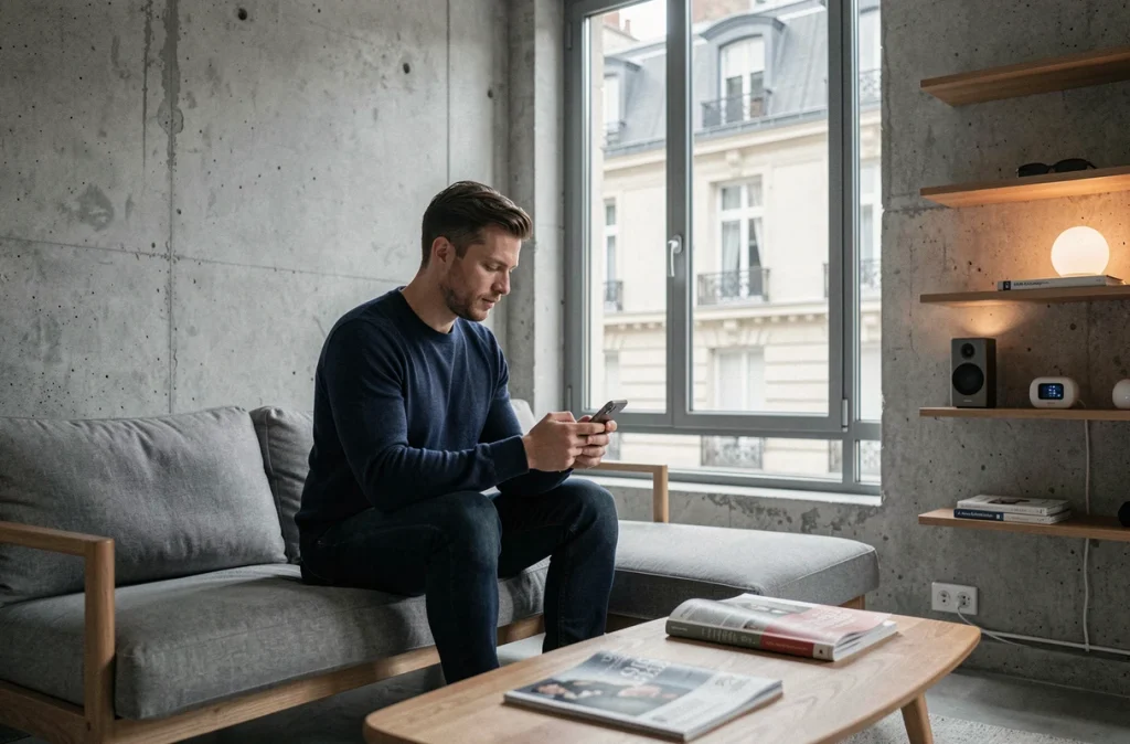 Homme contrôlant des objets connectés depuis son smartphone dans un salon parisien