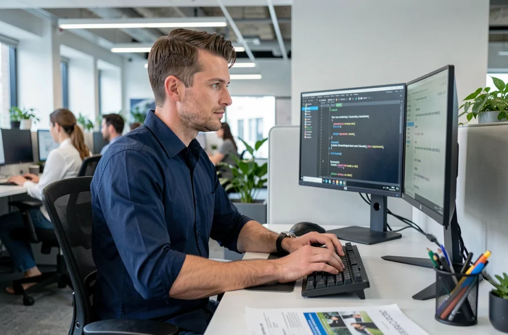 Homme professionnel vérifiant un compteur de caractères sur un double écran dans un bureau en open space