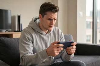 Homme jouant sur le PS Portal en mode cloud gaming dans un salon moderne