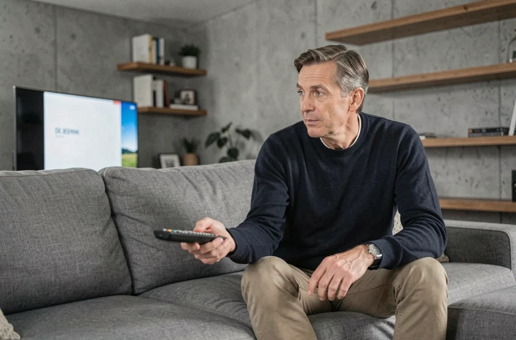 Homme d'une quarantaine d'années regardant un téléviseur OLED depuis son canapé dans un salon contemporain