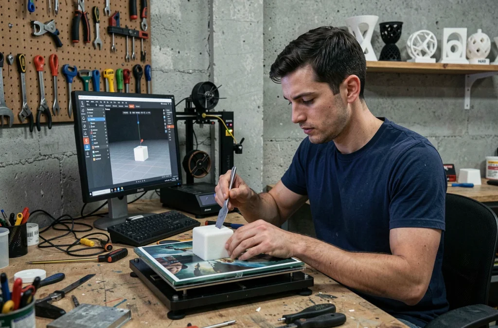 Homme retirant une pièce imprimée en 3D d'un plateau d'impression dans un atelier garage avec logiciel de découpe visible à l'écran