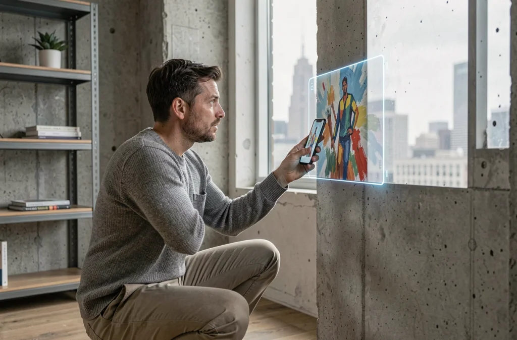 Homme utilisant un smartphone en réalité augmentée pour projeter une œuvre d'art sur un mur en béton dans un appartement moderne