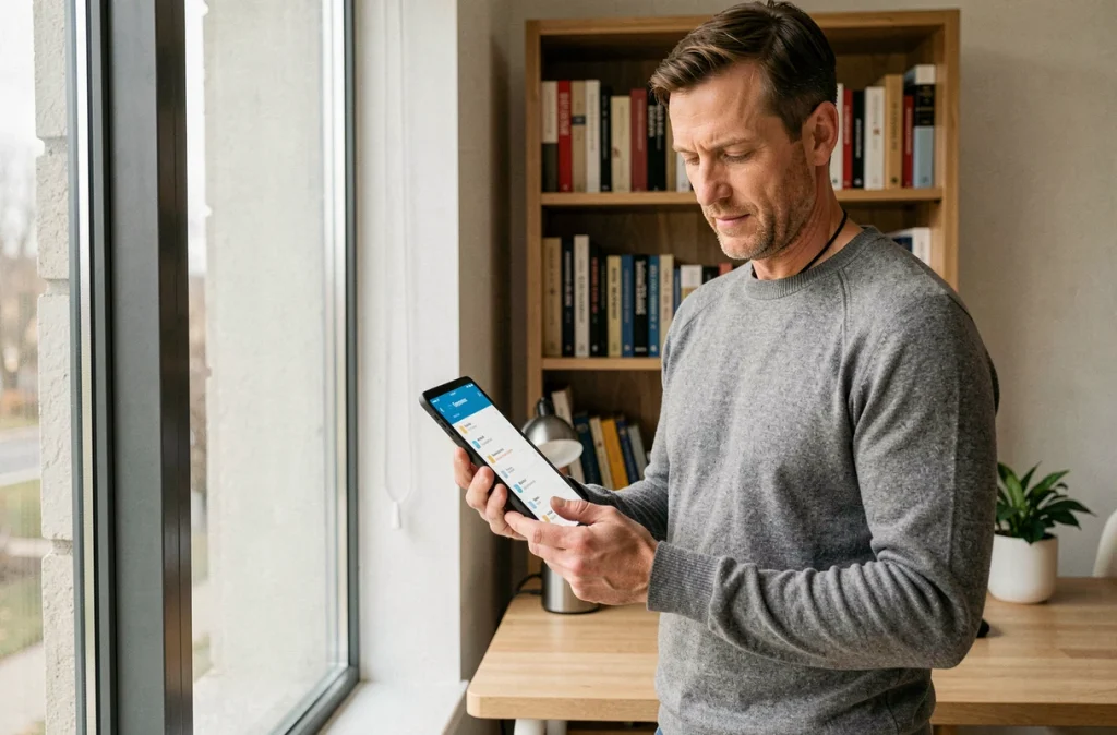Homme en télétravail consultant les paramètres de chiffrement de son espace cloud sur une tablette dans un bureau à domicile