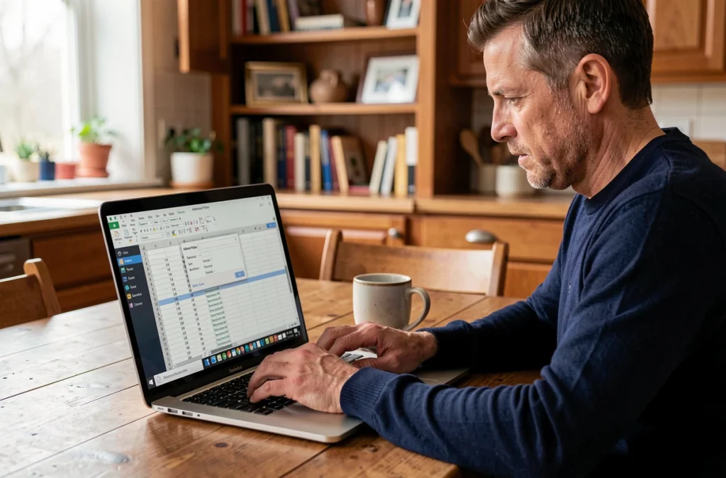 Homme travaillant depuis chez lui sur Excel avec la boîte de dialogue du filtre avancé ouverte sur son ordinateur portable