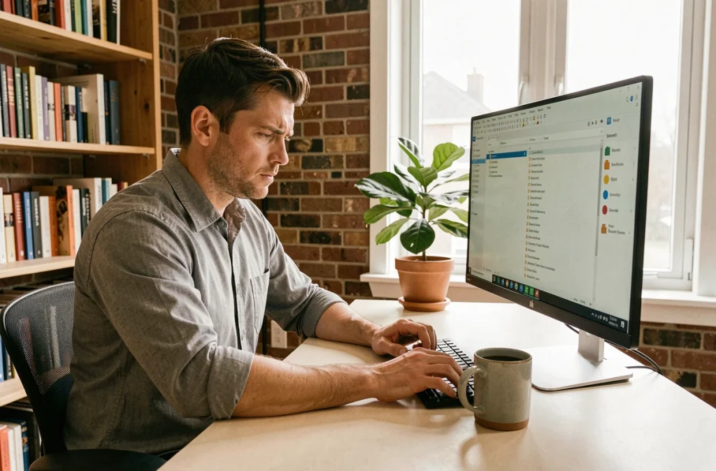 Homme en télétravail organisant ses emails Outlook sur un grand écran dans un bureau à domicile