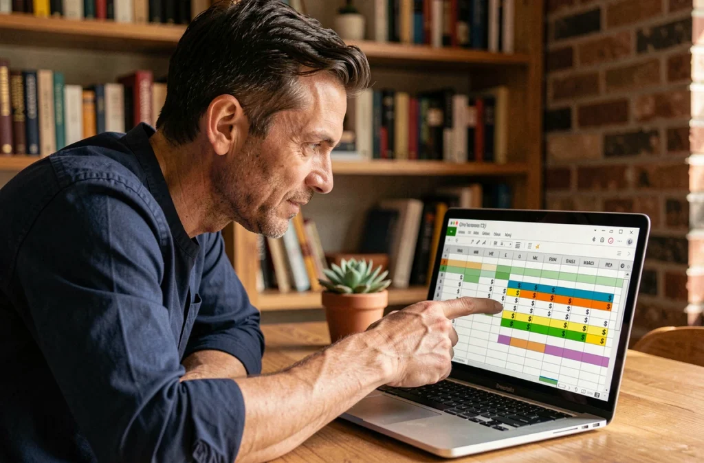 Homme en télétravail pointant des références de cellules Excel avec des signes dollar sur un écran de laptop dans un bureau à domicile