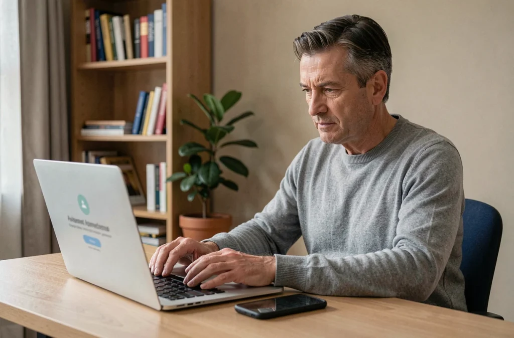 Homme vérifiant un code de double authentification sur ordinateur et téléphone à son bureau à domicile