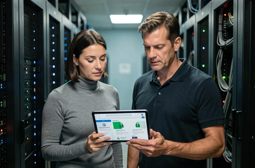 Deux informaticiens en salle serveur consultant un tableau de bord de chiffrement d'e-mails sur tablette