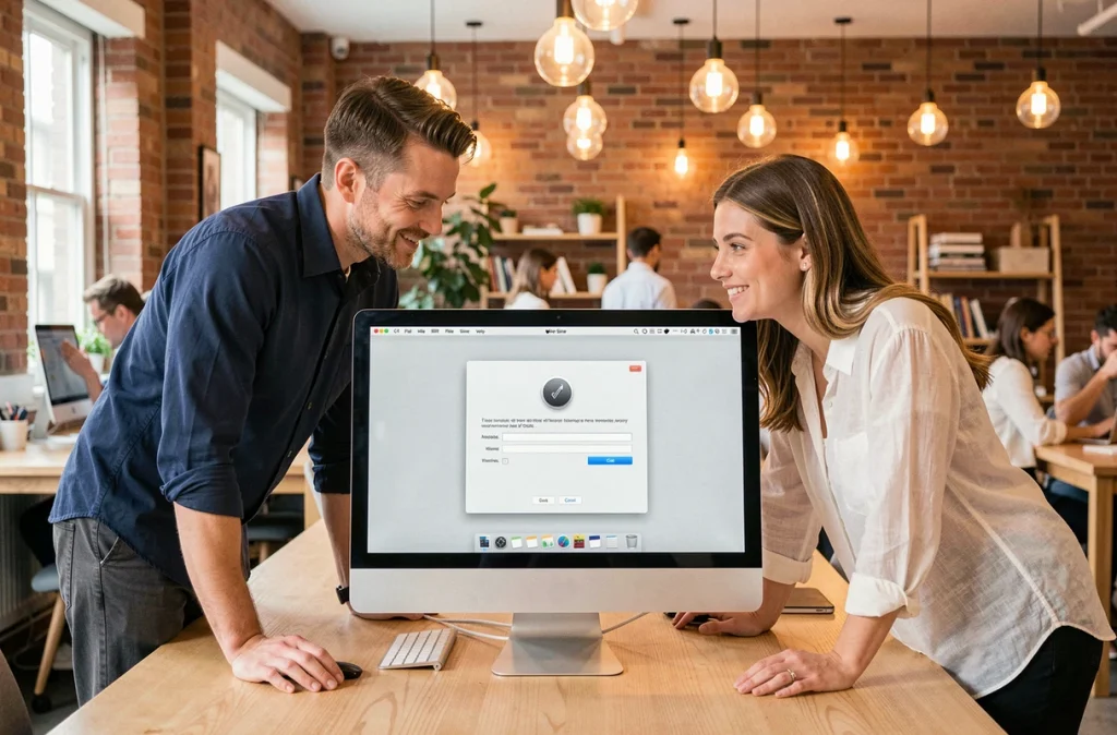 Deux collègues installant macOS Sierra 10.12 de manière sécurisée sur un iMac dans un espace de coworking