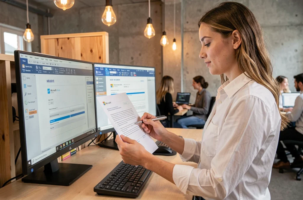 Jeune femme comparant un formulaire Word imprimé et numérique dans un espace de coworking moderne