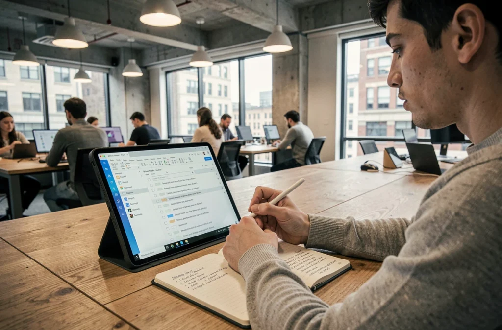 Jeune professionnel consultant et triant ses emails Outlook sur une tablette dans un espace de coworking